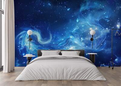 Aquarius Zodiac Sign on Abstract Night Sky Background. Airy Art with Blue Bright Stars and Deep Space. Astrology and Astronomy Calendar Wall mural