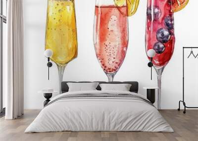 Champagne Cocktails. Hand drawn watercolor Mimosa Bellini isolated decoration Wall mural