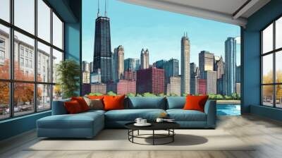 Chicago Skyline Cartoon. Hand Drawn Color Panorama of Chicago City Landscape with Skyscrapers Wall mural