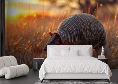 Closeup Texas Wildlife: Armadillo Walking in Rural Field at Sunset Evening Wall mural