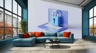 Computer Lock Screen. 3D Isolated Laptop Padlock in Blue with Password Unlock Concept Wall mural