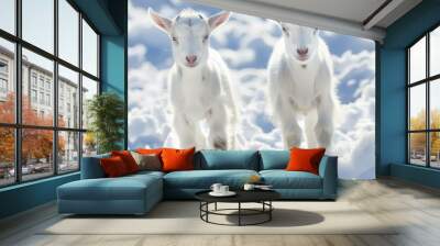 Goats in the Snow. Charming Winter Scene with White Baby Goats Wall mural