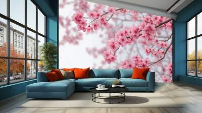 Happy Valentines Day Tree. Beautiful Cherry Blossom Tree in Deep Pink Background Wall mural