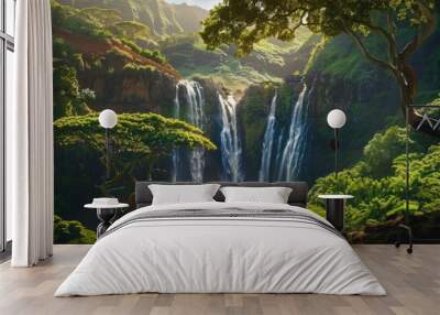 Hawaii Waterfalls. Majestic Twin Wailua Waterfalls on Kauai - Scenic Summer Hiking Adventure Wall mural