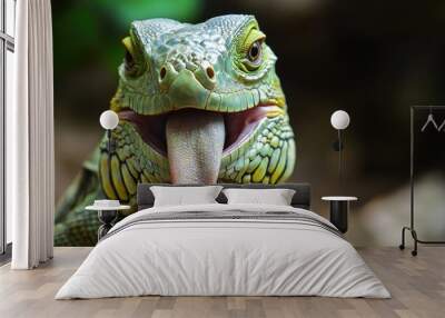 Iguana Tongue - Funny and Cute Animal in Green - Happy Lizard on Desert Island Wall mural