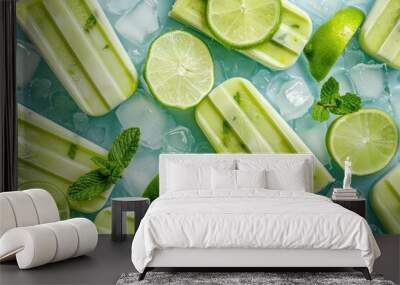 Lime Popsicles. Refreshing Lime Mint Ice Cream Desserts with Sweet Juice and Ice Cubes - Top View Wall mural