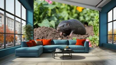 Mole In Yard. Animal Burrow in European Garden with Green Flowered Soil Wall mural