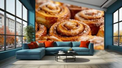 Morning Buns. Close-Up of Delicious Cinnamon Pastry with Sticky Sugar Glaze Wall mural