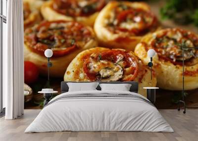 Pepperoni Roll. Mini Pizza Rolls with Tomato Sauce, Mushrooms, and Cheese Toppings Wall mural