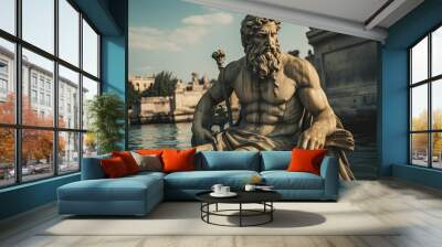 Roman God Poseidon in Ancient Greek Mythology: Sculpture of Ancient Roman God on Historical Greece Background: Generative AI Wall mural