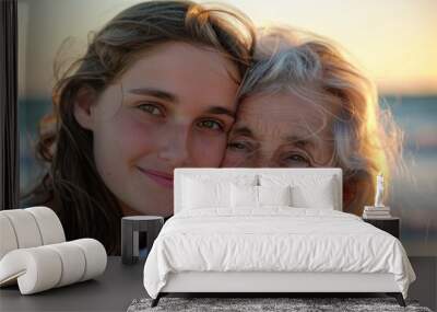 Senior Woman Beach. Tender Moment with Mother and Daughter Enjoying Beach Time Wall mural