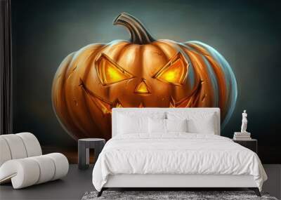 Spooky Pumpkin Lantern at Night. Halloween Celebration Concept with Haunted Forest Background Wall mural