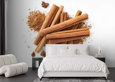 Top View of Cinnamon Sticks and Powder. Aromatic Spice for Bakery and Dessert Wall mural