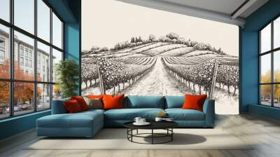 Vineyard Engraving. Hand Drawn Monochrome Grape Farm on Hill in Provence Wall mural