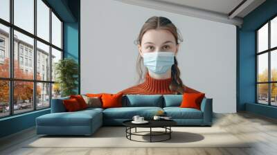 Wearing Mask Background. Young Woman Patient in Medical Mask, Epidemic Protection Concept Wall mural