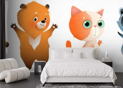 Cute Happy animals funny party collection for kids. Tiger, bear and cat, funny raccoon and squirrel. Holiday dancing and laughing. Vector clipart bundle for children with cute animals. Wall mural