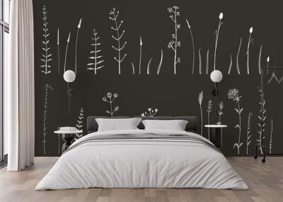 Hand drawn doodle medical herbarium wild grass and flowers collection, illustrator monochrome art brushes set white herbs isolated on black. Wall mural