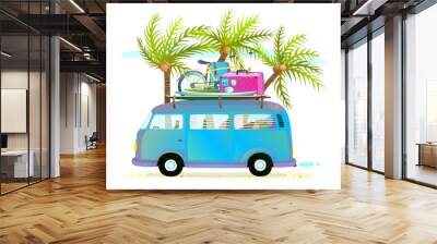 Holiday summer trip bus for beach tropical vacation with luggage Wall mural