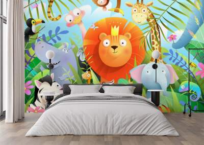 Jungle animals for children with lion king in tropical forest and his baby animal friends. Wild jungle safari or zoo cartoon for Kids and children. Vector cartoon illustration in watercolor style. Wall mural