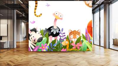 Jungle animals frame design for kids, African baby zoo banner in tropical forest. Many adorable safari or zoo animals in nature. Horizontal panorama for kids and children, vector art illustration. Wall mural