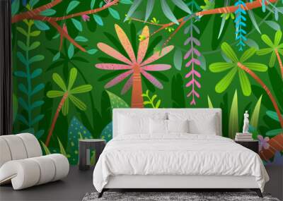 Lush and vibrant abstract jungle, hand drawn graphic trees and plants wallpaper for kids. Wild nature with palm trees flowers and lianas, exotic texture design. Vector rainforest background children. Wall mural