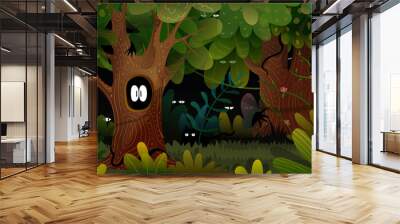 Mysterious spooky forest landscape at night, shiny eyes in the darkness. Scary dark nighttime scene in woods, fairy tale cartoon for children. Mystery forest at night vector wallpaper. Wall mural