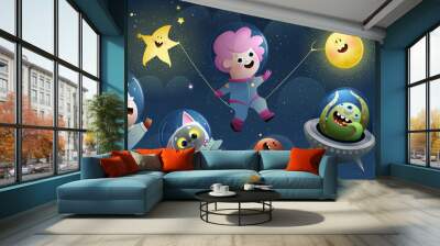 Space travel with kids, dog and cat, UFO alien. Baby cosmonaut cartoon, sun and stars outer space wallpaper for children, fantastic galaxy for kids. Vector cosmos wallpaper design, watercolor style. Wall mural