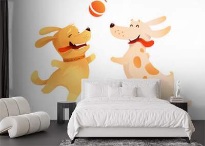 Two dogs best friends playing together, puppy and a dog jumping in the air to catch a ball. Happy doggie pets jumping fetching a ball. Vector illustration for kids. Wall mural