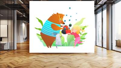 Wild animals and little girl friends holding berries, eating fruits in nature forest. Artistic hand drawn kids cartoon illustration. Wall mural