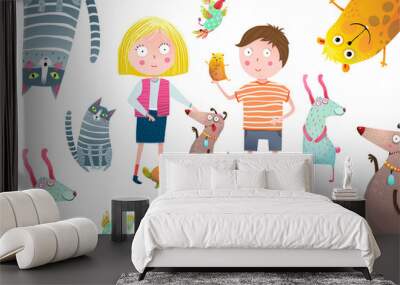 Young kids and domestic animals vector cartoon. Wall mural