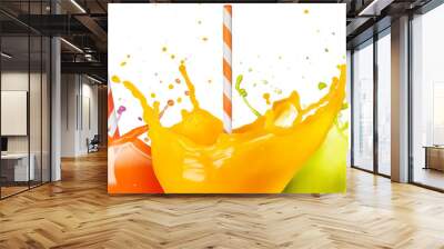 drinking straws in fruit juice splashes set isolated on white Wall mural