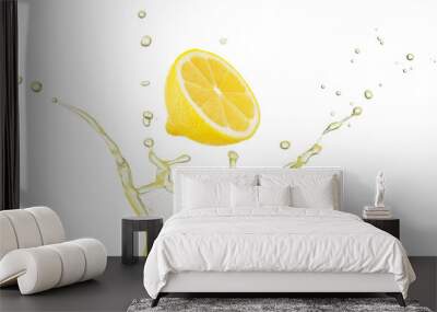 half lemon falling into a crown shaped yellow juice splash isolated on white background. Wall mural