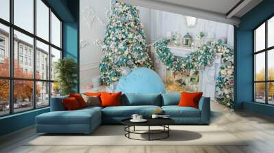 Christmas tree with  white and blue toys in the interior.  Christmas  white and blue decor Wall mural