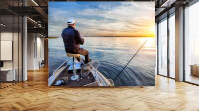 fisherman in a boat on the lake in autumn Wall mural