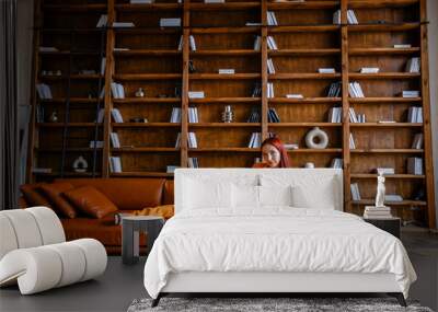 Red-haired girl in an orange business suit sitting on a leather sofa in the library Wall mural