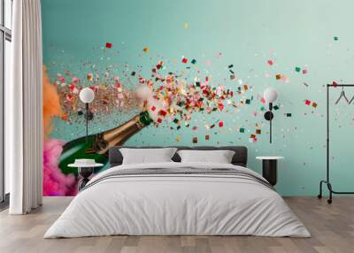 A floating champagne bottle releasing smoke and colorful confetti, embodying celebration, holidays, and joy, with warm and vibrant colors. Wall mural