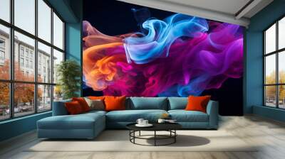 Abstract photograph of a singular intricately flowing colored smoke stream against a synth wave background. In the style of futuristic computer screen backgrounds. Generative AI Wall mural