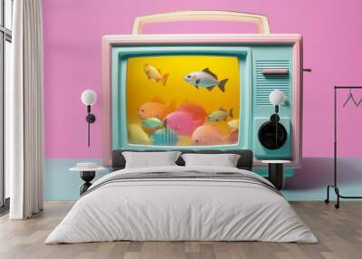 An old retro TV with an aquarium inside, reminiscent of the 80s style. Generative AI Wall mural