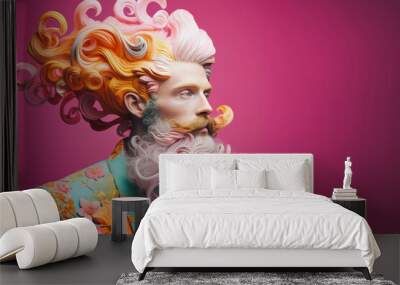 Expressive bearded man with surreal colorful curls in his hair and mustache posing in front of a minimal pastel purple background. Creative barber or hairdresser concept. Generative AI. Wall mural