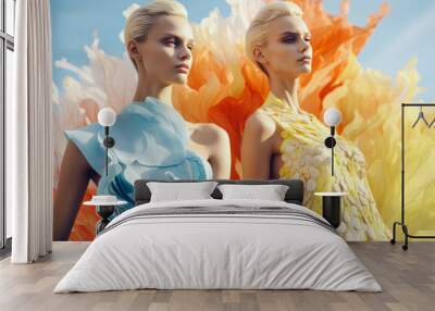 Portrait of two beautiful women dressed in strange high fashion dresses, irregular shapes, and various pastel colors, posing in the style of advertising campaigns of major fashion houses. Wall mural