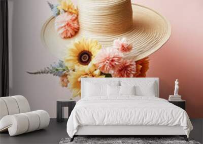 Women's beach hat decorated with colorful summer flowers on a minimal pastel background. Creative summer beach concept. Generative AI. Wall mural