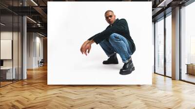 Serious male fashion model posing in squat pose and looking to the camera. Full-length studio shot. Isolated over white background. High quality photo Wall mural