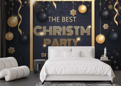 Christmas Party design template. Invitation to a party. Premium lettering with gold ornament on white background. Golden light and bokeh. Vector illustration EPS10 Wall mural