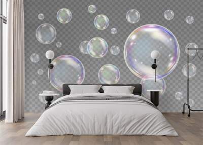 Realistic soap bubbles with rainbow reflection. Big set isolated vector illustration on a transparent background Wall mural