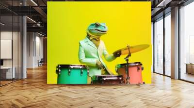 cool lizard playing drums created with Generative AI technology Wall mural