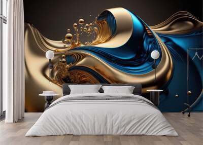 liquid metal wave luxury gold and blue created with Generative AI technology Wall mural