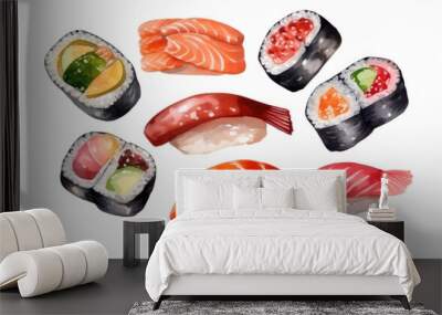 watercolor of sashimi and sushi created with Generative AI technology Wall mural