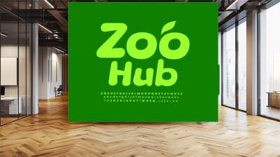 Vector creative emblem Zoo Hub with decorative Leaf. Green funny Font. Cute Alphabet Letters, Numbers and Symbols set Wall mural