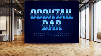 Vector elegant sign Cocktail Bar. Blue Glossy Font. Metallic modern Alphabet Letters ad Numbers Wall mural