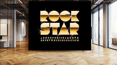 Vector golden poster Rock Star. Luxury sparkling Font. Elite Alphabet Letters, Numbers and Symbols with glitter Wall mural